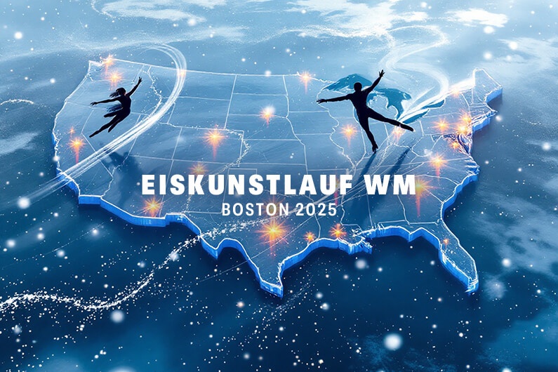 Eine künstlerische Darstellung der USA als Eisfläche mit Eiskunstläufern und Lichteffekten, die die Eiskunstlauf-Weltmeisterschaft 2025 in Boston symbolisieren.