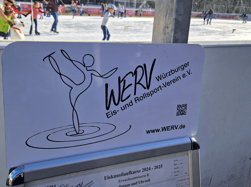 Logo des Würzburger Eis- und Rollsport-Vereins (WERV) mit einer stilisierten Eiskunstläuferin auf einer Eisbahn in Würzburg.